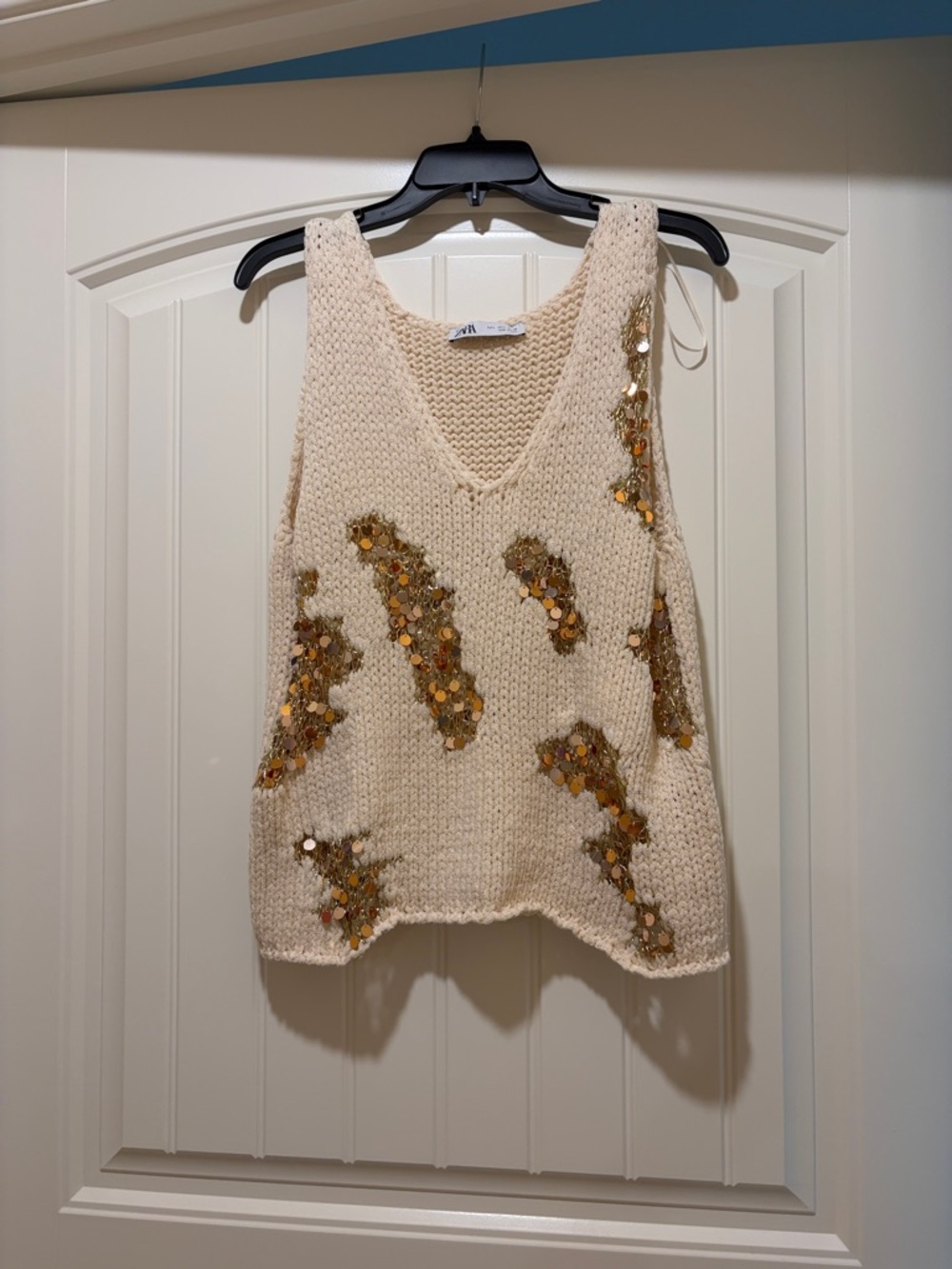 Zara Cream Knit Tank with Gold Sequin Embellishments